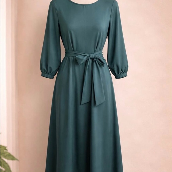 Dresses & Skirts - Elegant Teal Long-Sleeve A-Line Dress with Waist Tie